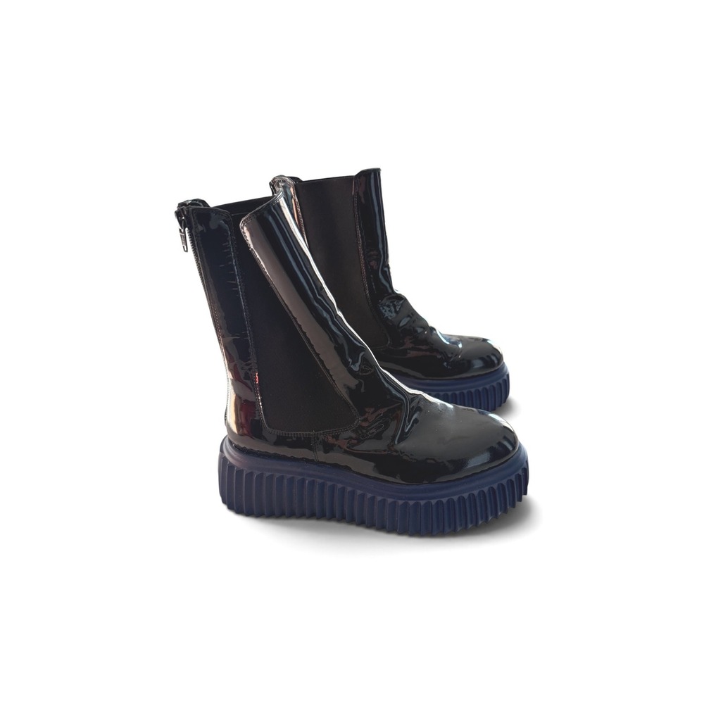 AGL Black Patent Leather Navy Blue Ribbed Platform Boots Italian Made Size 37